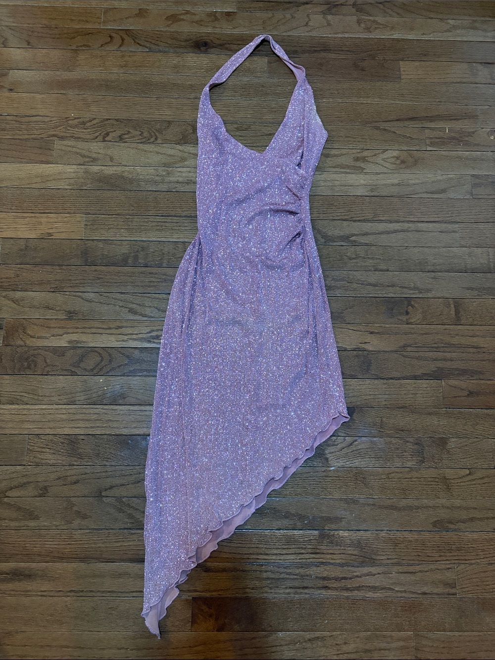 Hourglass Light Pink Halter Asymmetrical Sparkle Dress